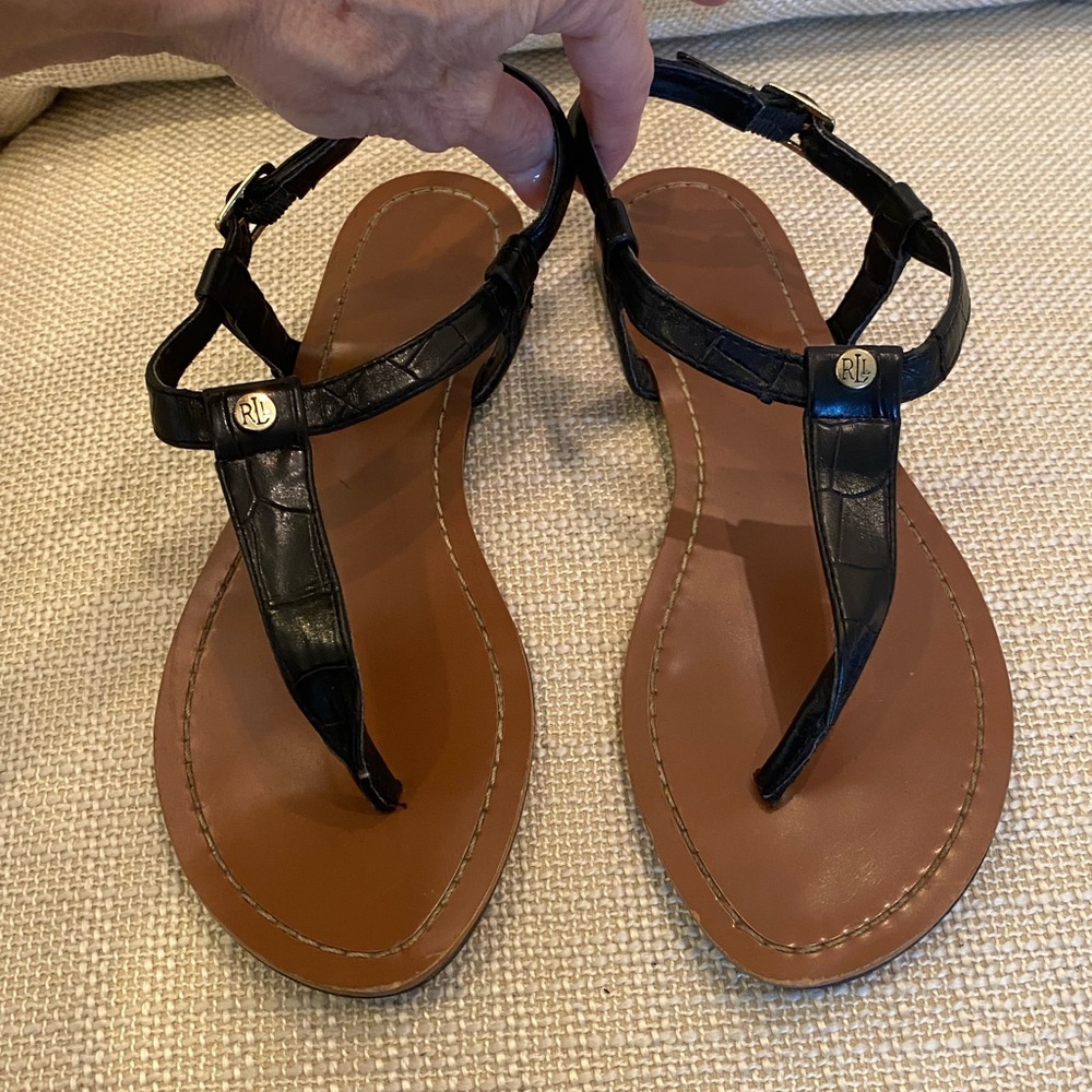 Ralph Lauren Womens Black Croc Sandalr / Thong / Black w Gold / Size 6.5